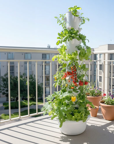 Outdoor vertical hydroponic towers for balconies, gardens and terraces