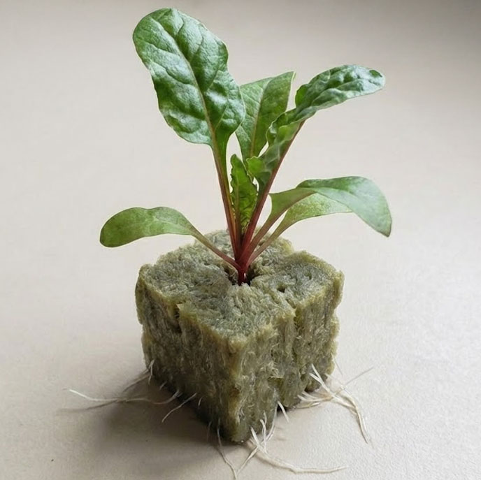 Bieta da taglio pronta per trapianto in torre idroponica: piantina con radici bianche